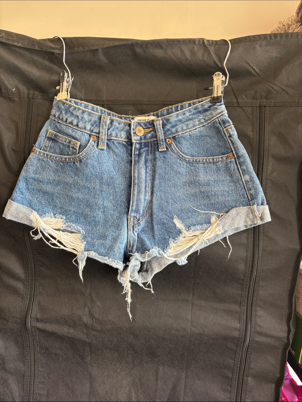 Forever 21 Distressed Rolled Hem Denim Shorts - Blue